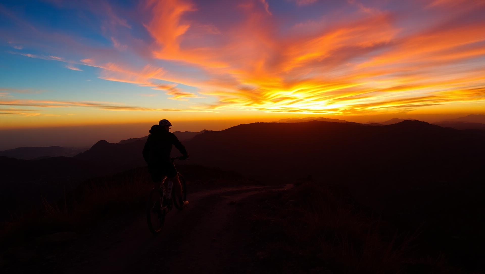 Ciclista ao pôr do sol em trilha na montanha