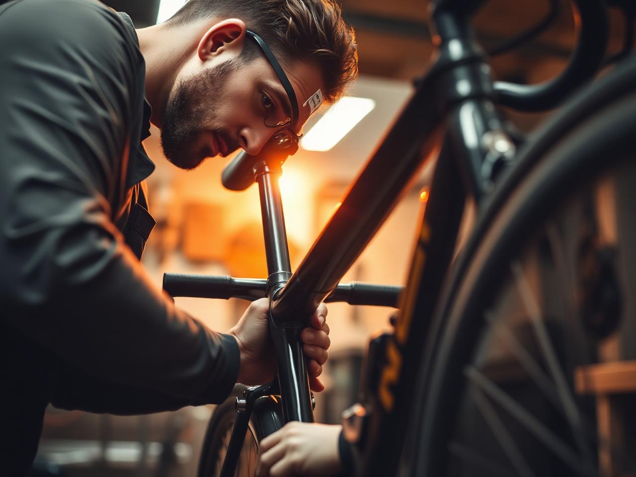Mecânico ajustando bike no workshop